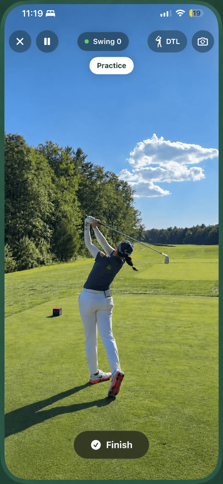 Teeo recording controls above a golfer taking a swing. Demo imagery.