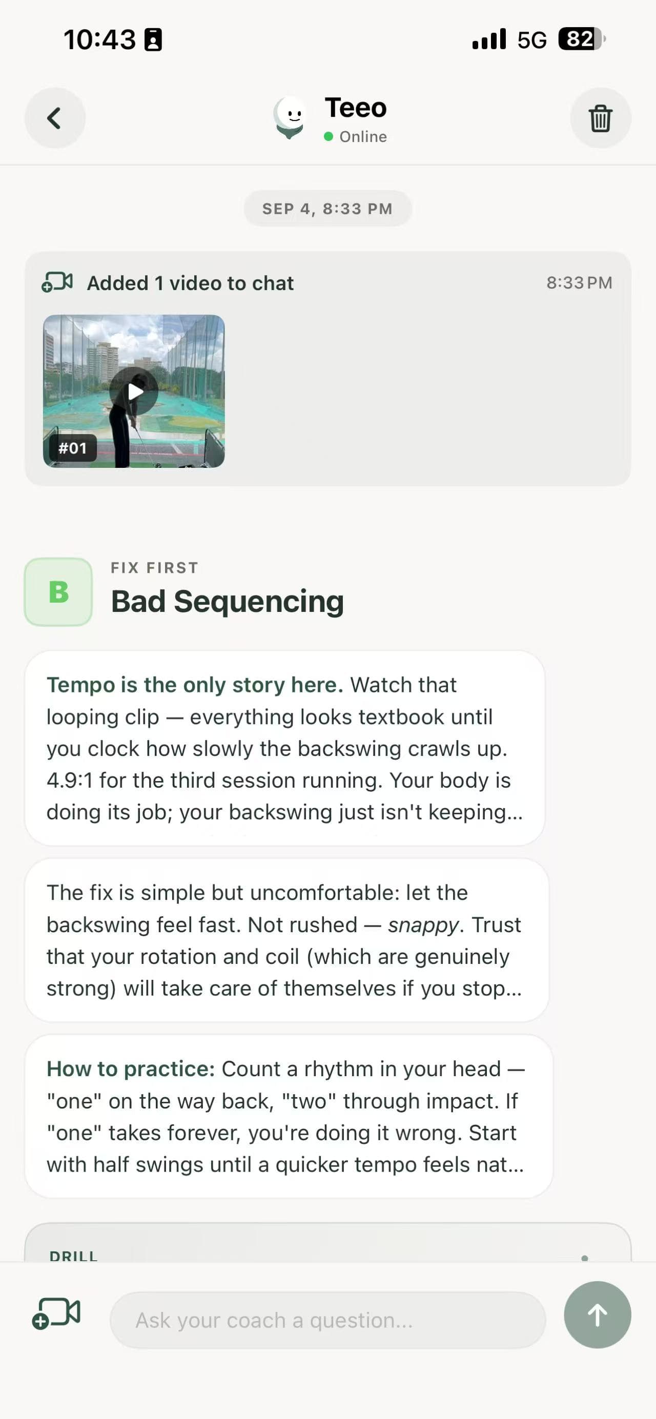 Teeo AI review showing a Bad Sequencing priority, feedback and a practice suggestion.