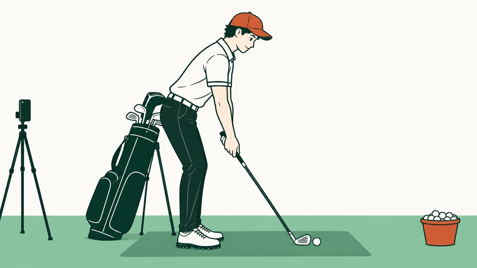 Illustrated golfer at address on a range mat, with his golf bag standing just behind his hips and a phone on a tripod nearby.