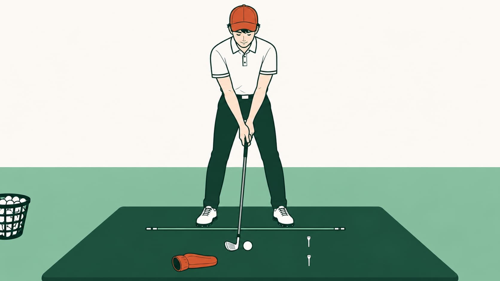 Illustrated golfer on a range mat watching his ball, with a headcover on the mat just outside the ball and an alignment stick on the ground.