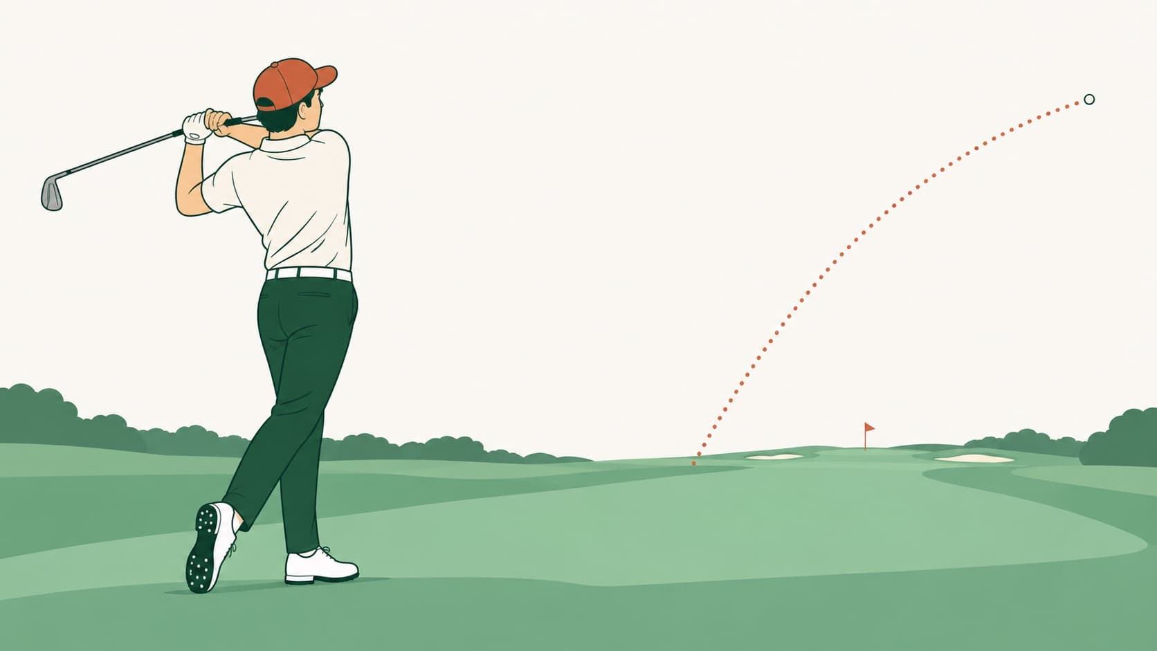 Illustrated golfer in his finish position watching his ball curve to the right on a dotted flight line.